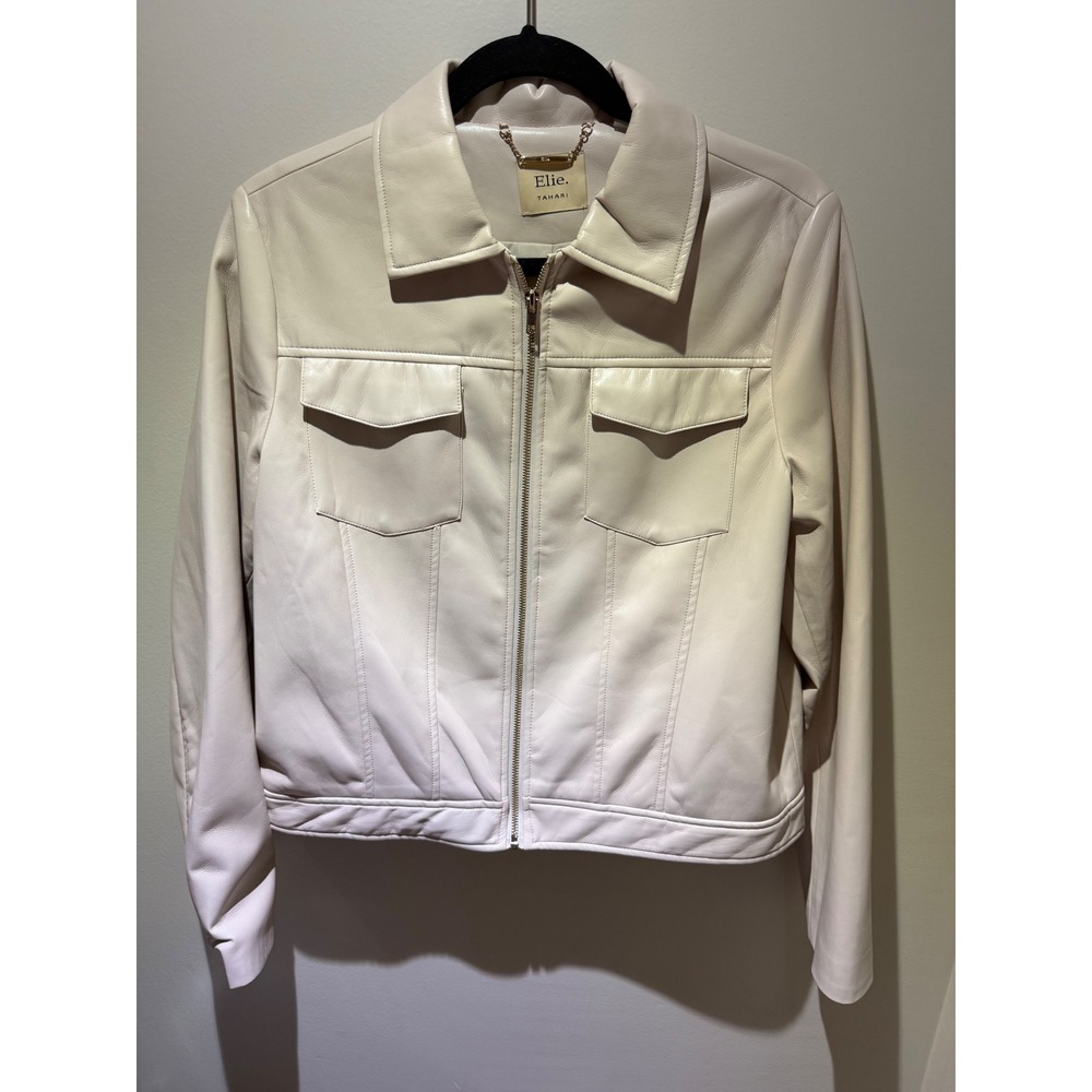 Elie Tahari Womens Cream Faux Leather Full Zip Trucker Jacket Cream Ivory L